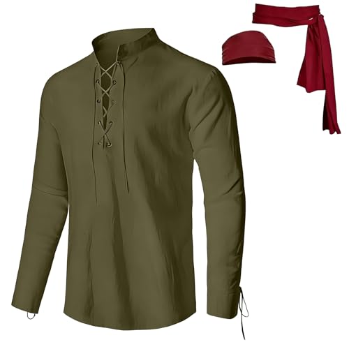 KBOPLEMQ Disfraz medieval de 3 piezas para hombre con camisa de pirata retro y cinturón, disfraz de pirata, ropa medieval, disfraz de vikingo, renacentista, disfraz de caballero pirata