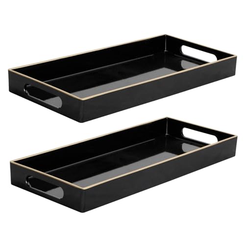 MAONAME Black Vanity Tray Set of 2, Plastic Decorative Tray with Handles, Small Narrow Trays, Rectangular Bathroom Trays for Toilet Tank, 13.8" X 6" X 1.57" by MAONAME - Used condition - US$27.37