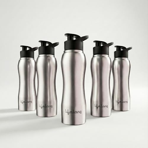 Lifelong 750ml Stainless Steel Water Bottle Pack of 5 | Leak-Proof & Durable | Easy to Clean | Odour-Free | Rust-Free Build, Secure Cap & Easy Grip | Ideal for School, Office, Travel & Gym (Silver)