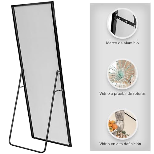 Marctani Espejo de Pie Cuerpo Entero - Espejo Grande y Largo Esquinas Cuadradas - con Soporte Trasero - Montaje Pared y Apoyado - Marco de Aluminio para Dormitorio, Baño o Salon (Negro 165x60) - imagen 7
