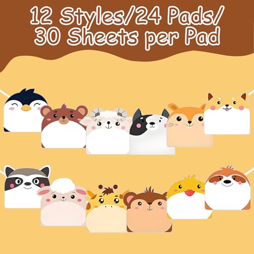 iJiZuo 24Pack Haftnotizen, 720 Blatt Süße Sticky Notes, Selbstklebende Haftnotizzettel, Selbstklebende Notizblöcke für Kinder Geschenke, Büro Schule Haus Kühlschrank(Tier-Muster)