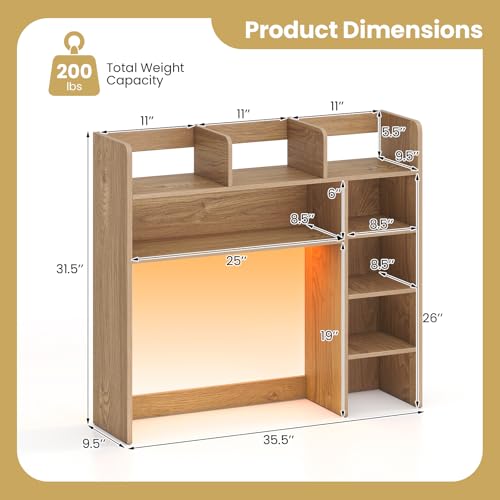 Image of Tangkula Desktop Bookshelf with LED Lights, Desk Hutch with 8 Shelves for Max 25 inch Monitor, Desktop 5-Tier Display Rack, Multipurpose Wood Desktop Storage Hutch Organizer for Dorm Office Home (Natural)