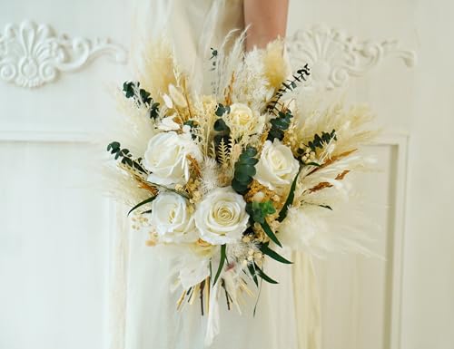 Ramo rústico boho beige y blanco para boda miniatura 2