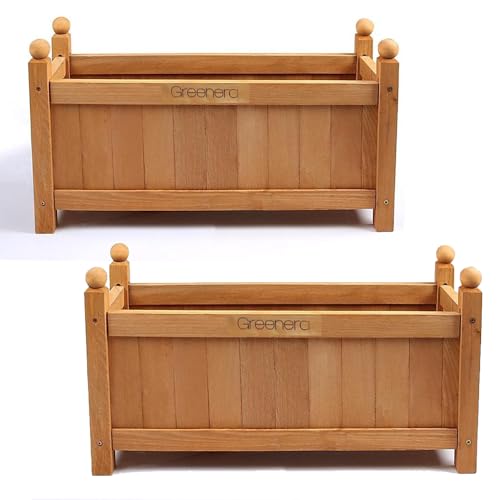 Vivo Technologies Set of 2 Large Wooden Garden Planter Outdoor Flowers Plant Pot Rectangular Garden Planters Planting Raise Bed Patio Decking, 60x20x34 cm, Natural
