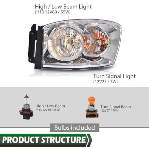 Image of GRAND ORANGE Headlights Assembly with Bulbs Compatible with Dodge Ram 1500 Truck 2006-2008 /Fits Dodge Ram 2500 3500 Truck 2006-2009 Left and Right Side Clear Lens Chrome Housing Clear Reflector