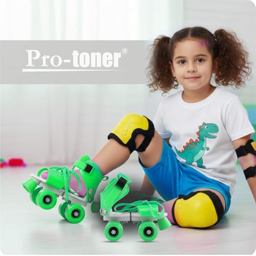 Image of Kids Roller Skates Set with Helmet, Knee Pads, Elbow Pads and Wrist Guards (Green)