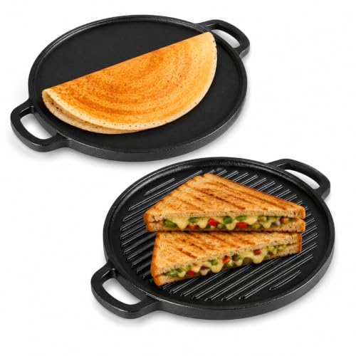 Image of GRIVAN Cast Iron 2-in-1 Dosa Tawa & Grill Pan 12 inch (30 cm) | Double-Sided Reversible Tawa for Dosa, Roti | Naturally Non-Stick Cast Iron Cookware | Gas Stove & Induction Compatible (Black)