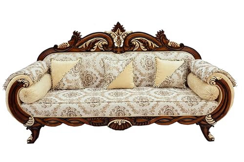 Image of Wooden 7 Seater Sofa Set, Solid Sheesham Wood Sofa 3+2+2 with Polish Finish, Traditional Design Furniture for Living Room, Home, Bedroom, Hall
