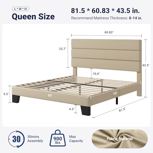 Allewie Queen Size Platform Bed Frame with Fabric Upholstered Headboard and Wooden Slats Support, Fully Upholstered Mattress Foundation/No Box Spring Needed/Easy Assembly, Beige - Image 3