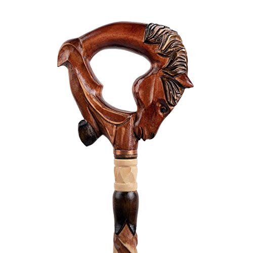 Hand Carved Horse Walking Cane - Horse Handle Wooden Walking Stick For Men - Art Designer Fancy Cane - 36 Inches, With Rubber Tip