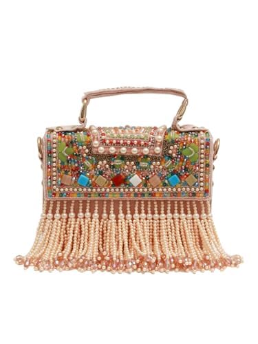 Image of THE TAN CLAN Kiara Beige Flap Over Bag Clutches for women Purses Luxury Evening Handbags for ladies with Handle