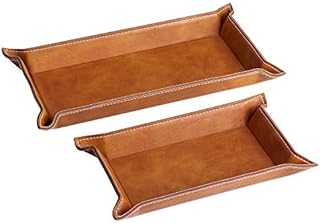 Navaris Faux Leather Tray Set - 2 Valet Organiser Trays for Bedside Table, Night Stand, Desk - Store Keys, Change, Wallet, Phone, Glasses - Brown