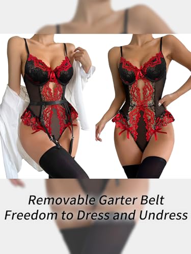 Image of Sexy Stocking Lace Mesh Bodysuit Top Underwire Garter Lingerie Set 3 Piece