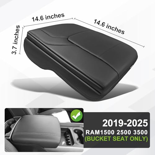 Muslogy Center Console Armrest Cover Fit for Dodge Ram1500 2500 3500 2019-2026 Accessories, Comfort Armrest Pad Console Lid Cushion Vegan Leather 1-Inch Thick(Bucket Seat ONLY, NO Limited,Laramie) by Muslogy - Image 2