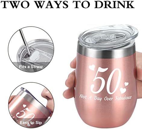 Livole 50th Birthday Gifts for Women, Stainless Steel Double Insulated Stemless Wine Glasses with Lid and Straw, Wine Tumbler with Funny Saying, Not A Day Over Fabulous, 12oz, Rose Gold