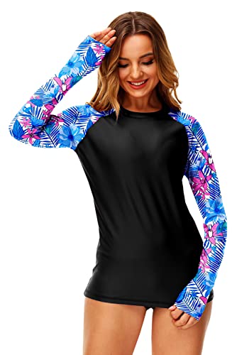 Deerose Womens Rash Guards Long Sleeve Colorblock Surf Uv Swim Shirts Swimsuits 2Xl Blue Leaves #TOP5