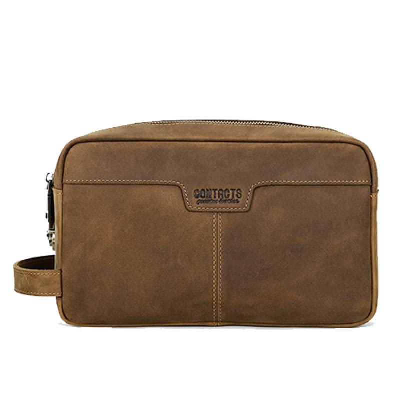Vintage leather mens clutch bag, leather mens double zipper lock wash bag large capacity storage bag, mobile phone bag travel small bag