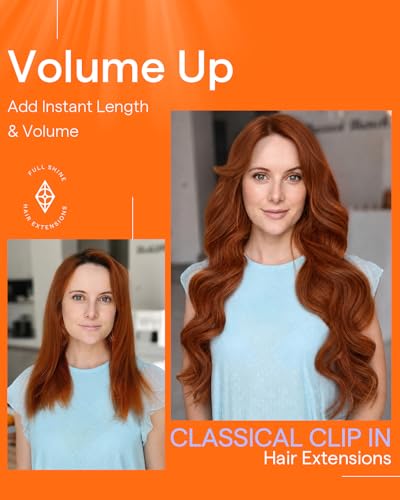 Image of Full Shine Clip in Hair Extensions 24 Inch Copper | Human Hair Clip in Extensions, Straight Invisible Hair, Brazilian Remy Human Hair Copper Red, 7 Pcs 120g