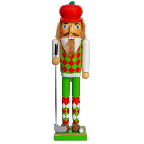 Ornativity Golf Player Christmas Nutcracker â€“ Red and Green Wooden Golfer with Club and Ball Xmas Themed Holiday Nut Cracker Doll Figure Toy Decorations 15\"