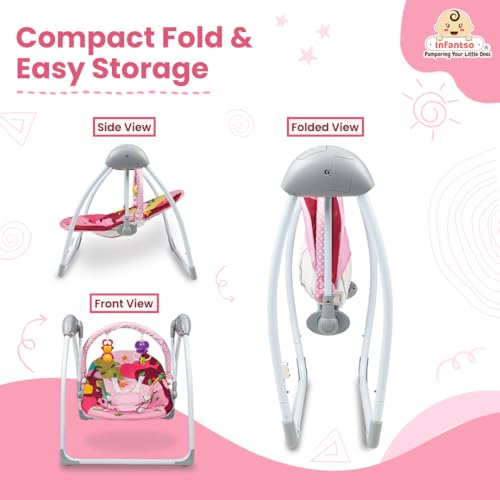 Image of Infantso Plastic Automatic Baby Swing Rocker with Hanging Toys and Remote Control for Newborn Baby - Foldable with Speed Adjustment and Safety Harness (Pink), 66 x 50 x 44 Cm