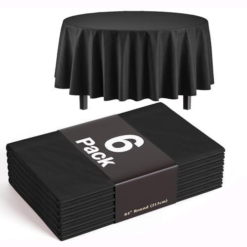 Image of Exquisite 6-Pack Plastic Tablecloth 84 inch Round Value Pack Plastic Table Cover - Black