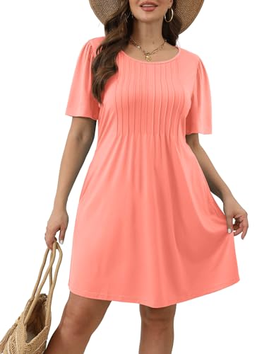 Image of SAMPEEL Womens Pleated Front Summer Dresses Casual Short Sleeve T Shirts Dress with Pockets Vacation Beach Cover UP