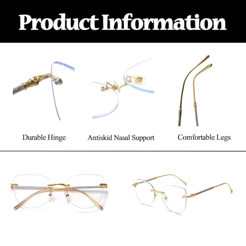 Image of LJCZKA Rimless Blue Light Blocking Glasses Women Stylish Cat eye Eyeglasses Anti Eye satrain Computer Cateye Metal Frame