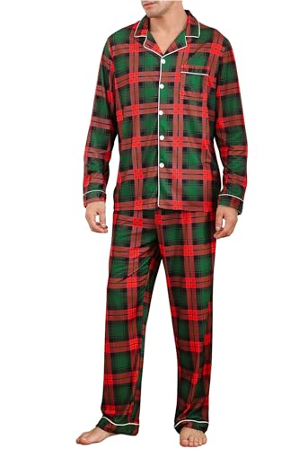 Fanient Schlafanzug Herren Zweiteilige Pyjamas Set Langarm Pyjama Rot Grün Karierte Schlafanzüge für Männer M