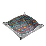 Dolyues Bandeja decorativa de cuero sintético de lujo estilo bohemio azul azteca étnico geométrico bandeja de almacenamiento de joyería para monedas, reloj, teléfono L 1 unidad