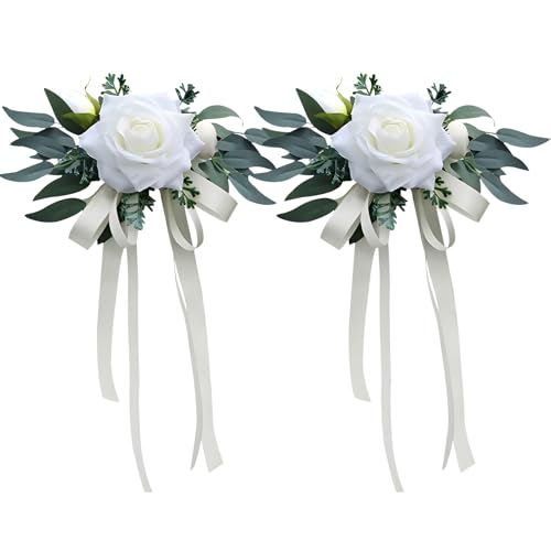 Hochzeit Autoschmuck, 2 Stück Vintage Hochzeit Autoschleifen Künstliche Blume Hochzeitsauto Deko mit Saugnäpfen für Hochzeitsdeko Auto Rückspiegel (Weiß)