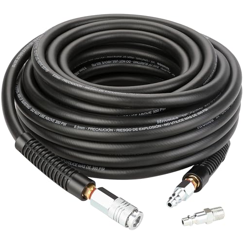 Hromee Manguera de compresor de aire de 3/8 pulgadas x 50 pies con accesorios, acoplador rápido universal industrial de 1/4 pulgadas y kit de enchufe I/M, negro