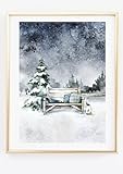 Din A4 Kunstdruck ohne Rahmen - Winterlandschaft mit Bank - 