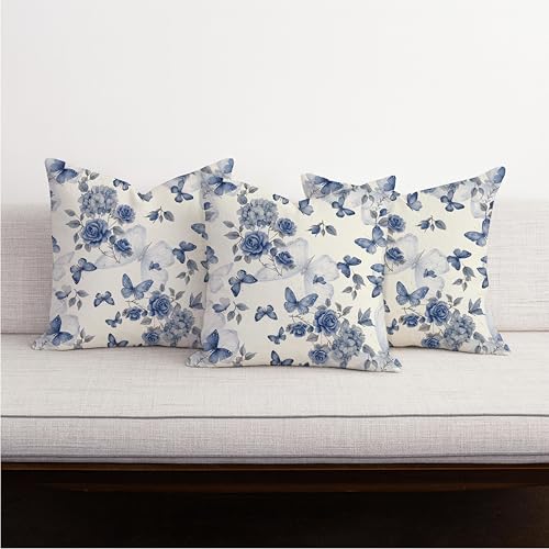 Image of Jaipur Weaves Cushion Cover 16 Inch X 16 Inch - Set of 3, Butterfly Print 180 GSM Decorative Soft Cushion Covers for Sofa /Bed /Chair, Gift for Home Decor (Blue Butterfly, 3)