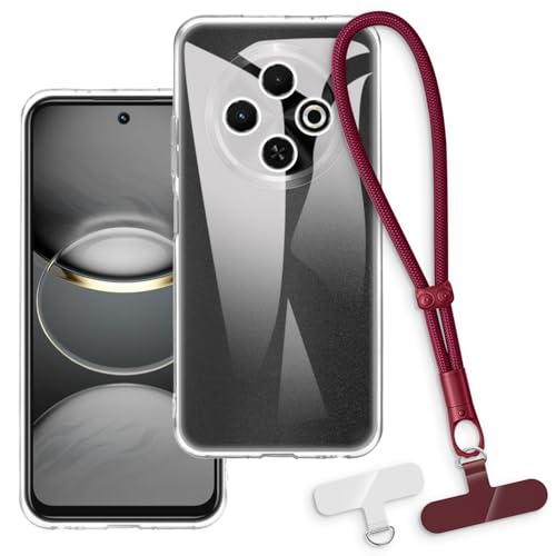 OAGELIM 2-in-1 Protective Case and Wrist Strap Compatible with Tecno Spark 30C 4G Phone Cover with Detachable Lanyard, Anti-Slip Anti-Loss Grip Handle (Clear + Red)