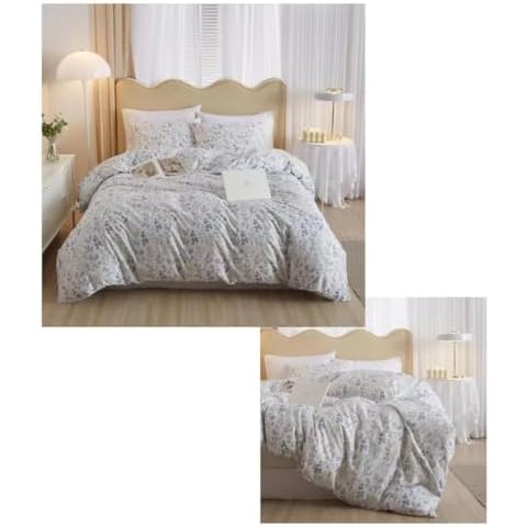 LifeTB 100% Cotton Blue Floral Duvet Cover Set (1 Queen Duvet Cover with 2 Pillowcases)/Matching 3 Pieces Fluffy Vintage Garden Floral Botanical Comforter Set (1 Queen Comforter with 2 Pillowcases) Cover