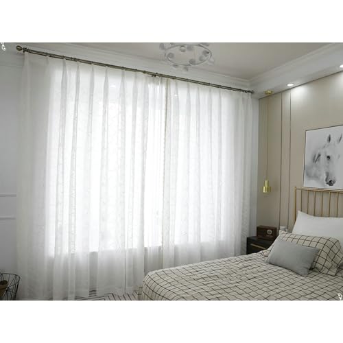 Homxi Cortinas 2 Piezas Traslúcidas,2 x 137W x 183H CM,Cortinas Salon Gasa Blanco Líneas geométricas Bordadas con Borla Cortinas de Salon con Ganchos