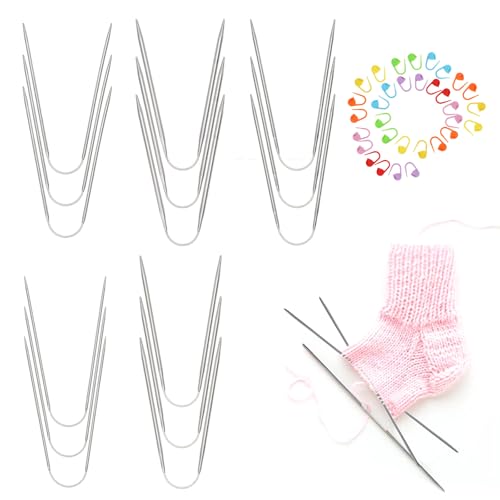 Juego de 15 agujas circulares cortas, 15 agujas circulares con 30 marcadores de punto, agujas de tejer de acero inoxidable de 2 mm, 2,5 mm, 3 mm, 3,5 mm, 4 mm, adecuadas para tejer calcetines, gorros