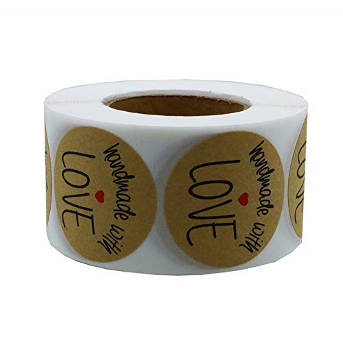 Hybsk Kraft Handmade with Love Stickers with Black Font 1.5" Inch Round Total 500 Adhesive Labels Per Roll (Type 1)