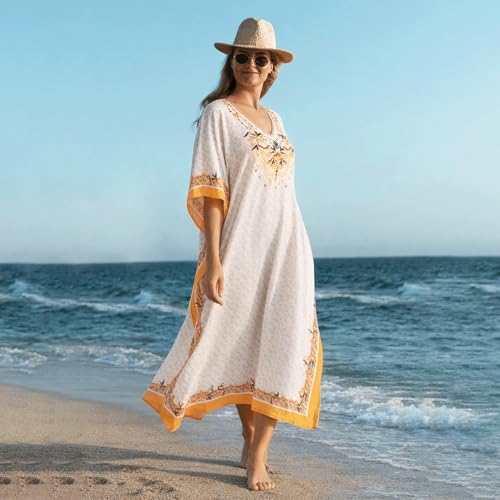 Image of Miss Lavish London Kaftan Dresses for Women Plus Size Long Batwing Sleeve Caftans, V Neck Moo Moo Printed Beach Cover Up Maxi Beach Dress, Bathing Suit Cover-Up Loungewear