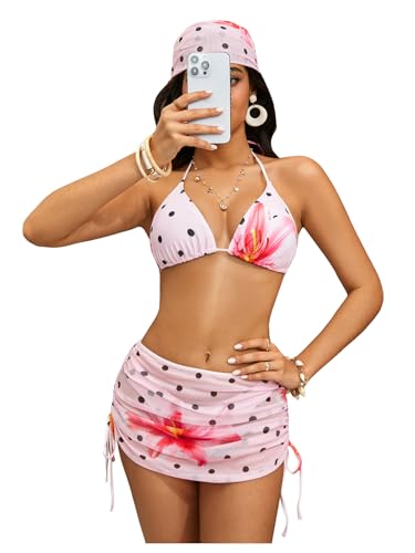 Image of RoseSeek Women's 4 Piece Polka Dots Bathing Suits Cover Up Skirt & Bandana