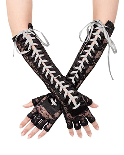 Pinup Lace Up Long Gloves For Women, Lace Fingerless Gloves, Dress-up, Costume or Halloween4
