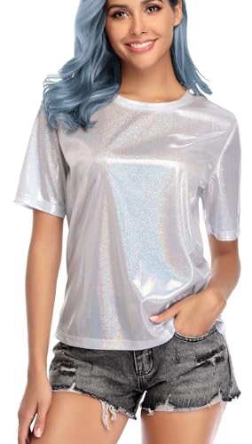 MISS MOLY Women's Metallic Tops Short Sleeve Crewneck Holographic Shiny Tees Glitter Sparkle Shirt for Party Club Concert