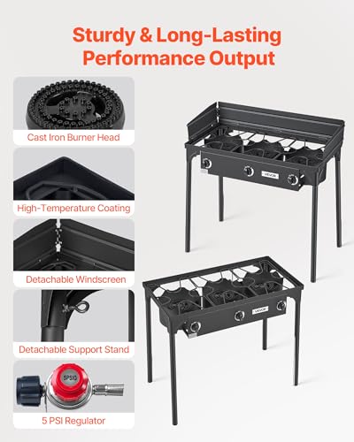 Image of VEVOR 3 Burner Outdoor Propane Gas Stove, 225,000 BTU Propane LPG Gas Camping Stove, Heavy-duty Carbon Steel Outdoor Cooker, with Shield & Tall Stand & Regulator, for BBQ Camp Home Patio Backyard
