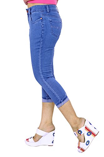 Image of FCK-3 Stretchable Denim Solid Mid Waist Knee Length Button Closure 5 Pocket Capree for Women