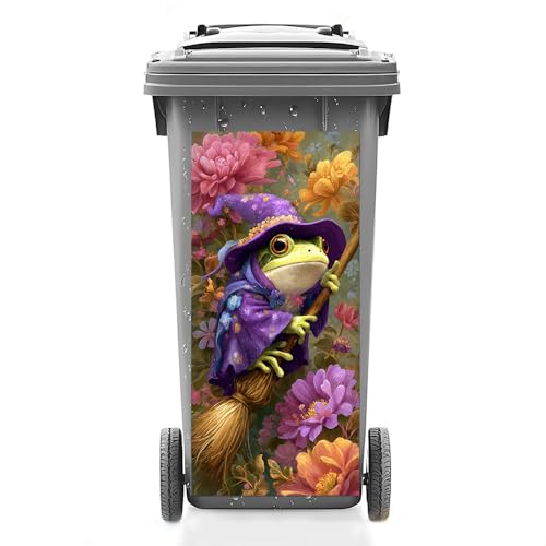 Image of 14.6x32.3 Inch Trash Can Cover Frog in Purple Witch Costume Holding Broom Design Outdoor Garbage Bin Decoration Sticker Wrap