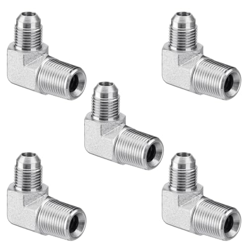 Image of 5 Pack 90 Degree Elbow Hydraulic Adapter Fittings: 3 /8 inch JIC Male x 3 /8 inch NPT Male, with Protection Cover Hydraulic Hose Crimp Connectors