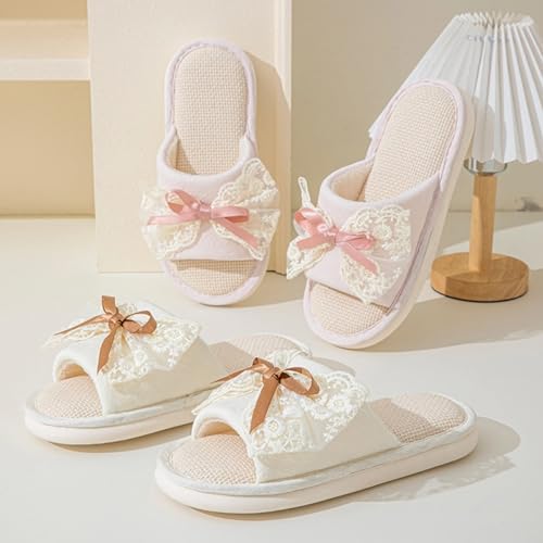 Lace Bow Slippers for Women Indoor Summer Linen Slippers Sandals Bow Tie Open Toe Home Slides Bedroom Non-Slip House Shoes Cozy Breathable Slippers with Bows3
