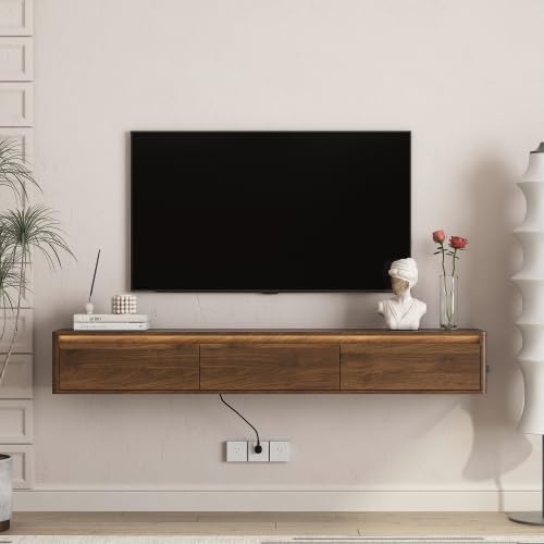 Floating TV Stand Wall Mounted Media Console with LED Light Strip & Power Outlet, Modern Wooden TV Shelf with 3 Power Sockets & 2 USB Ports, Wall Hanging TV Cabinet with Storage for Living Room,