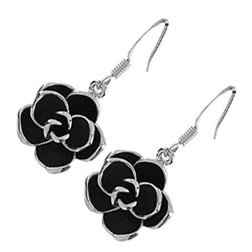 GWG Jewellery Pendientes Mujer Regalo Pendientes Colgantes, Chapados en Plata de Ley Flor de Rosa con Hojas Negras para Mujeres Cover