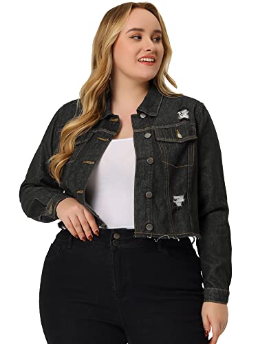 Agnes Orinda Women's Plus Size Denim Jackets Washed Button Front Long Sleeve Ripped Frayed Crop Denim Jacket